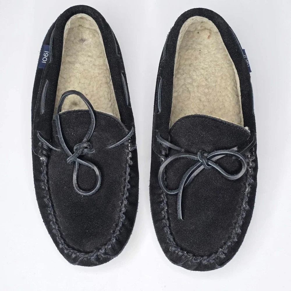 1901 MS Vancouver Men's Slippers Size 7 Black Suede Slip On Faux Fur Moccasin